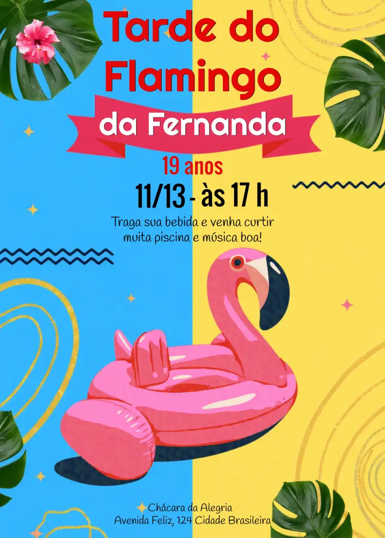 Convite Tardezinha Party – tema Aniversário colorido, tropical, modernos, flamingo, verão