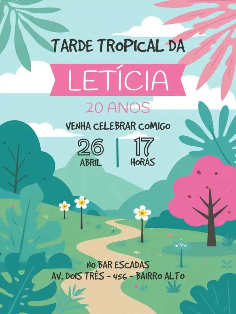 Convite Tardezinha Tropical – tema Chá de Panela tropical, colorido, verão, floral, descontraído