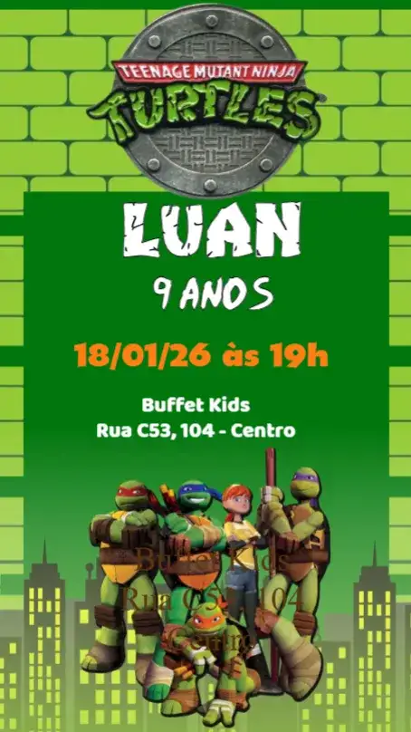 Convite Tartarugas Ninjas – tema Aniversário Infantil colorido, divertido, jovem, aventura, ilustrações animadas