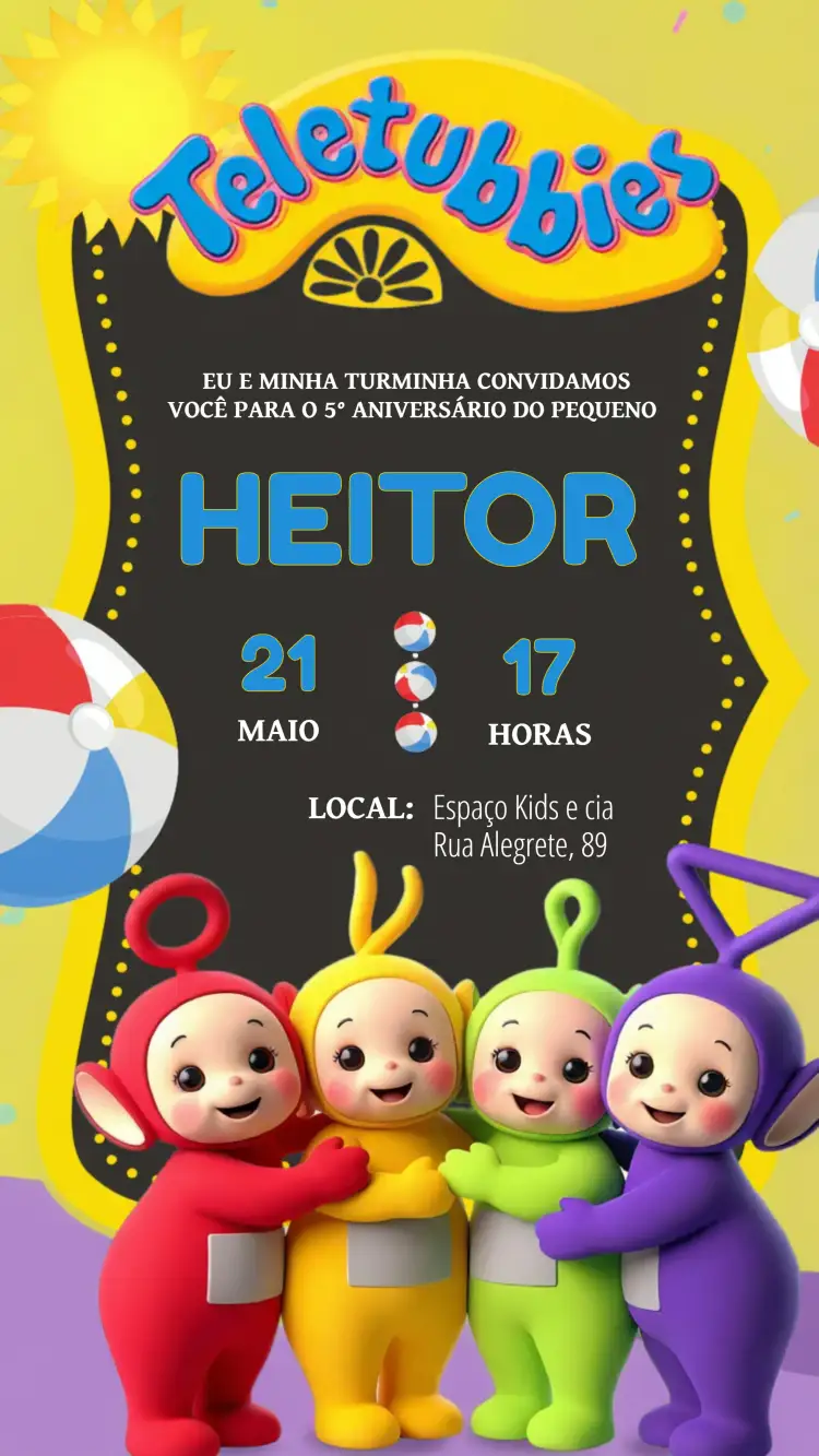 Convite Teletubbies Desenho – tema Mais pesquisados colorido, lúdico, infantil, divertido, vibrante