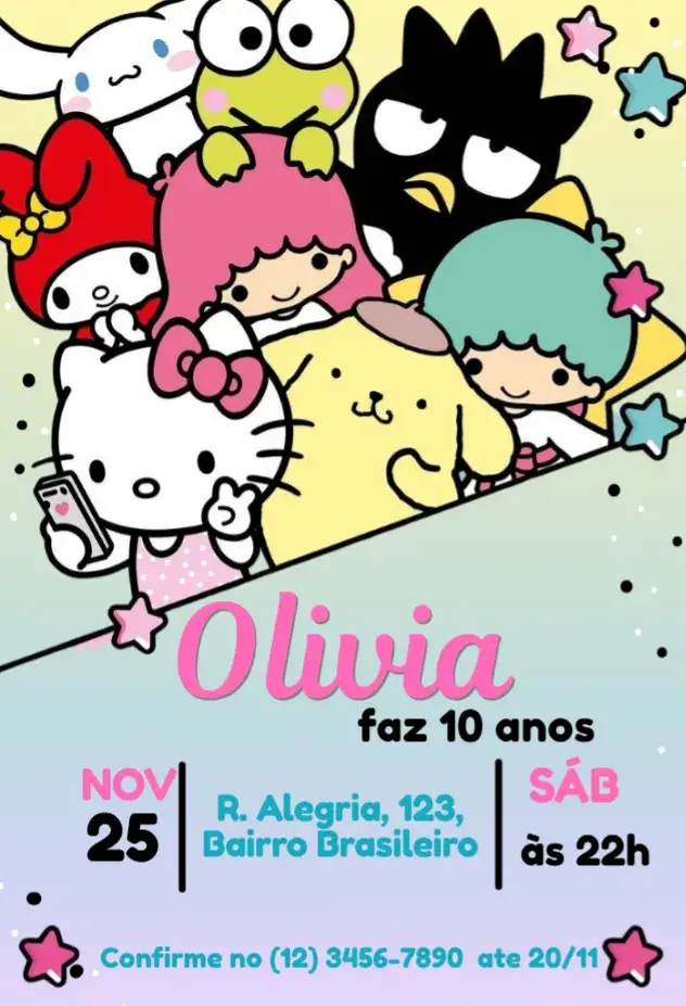 Convite Hello Kitty e Amigos – tema Cartão colorido, divertido, infantil, temático, lúdico