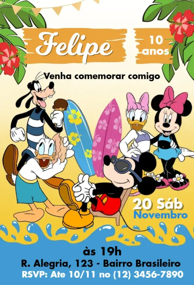 Convite Mickey e amigos – tema Aniversário Infantil colorido, divertido, temático Disney, vibrante, infantil
