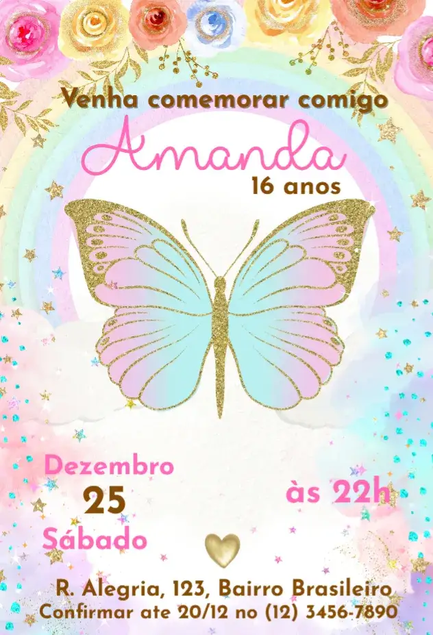 Convite Borboleta Floral – tema Aniversário floral, rosa, glitter, moderno, delicado, colorido