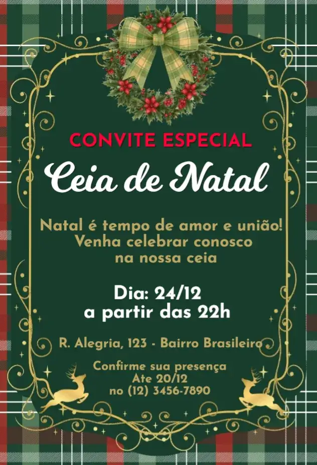 Convite Ceia de Natal – tema Datas Comemorativas vermelho e verde, dourado, minimalista, rústico, vintage, moderno