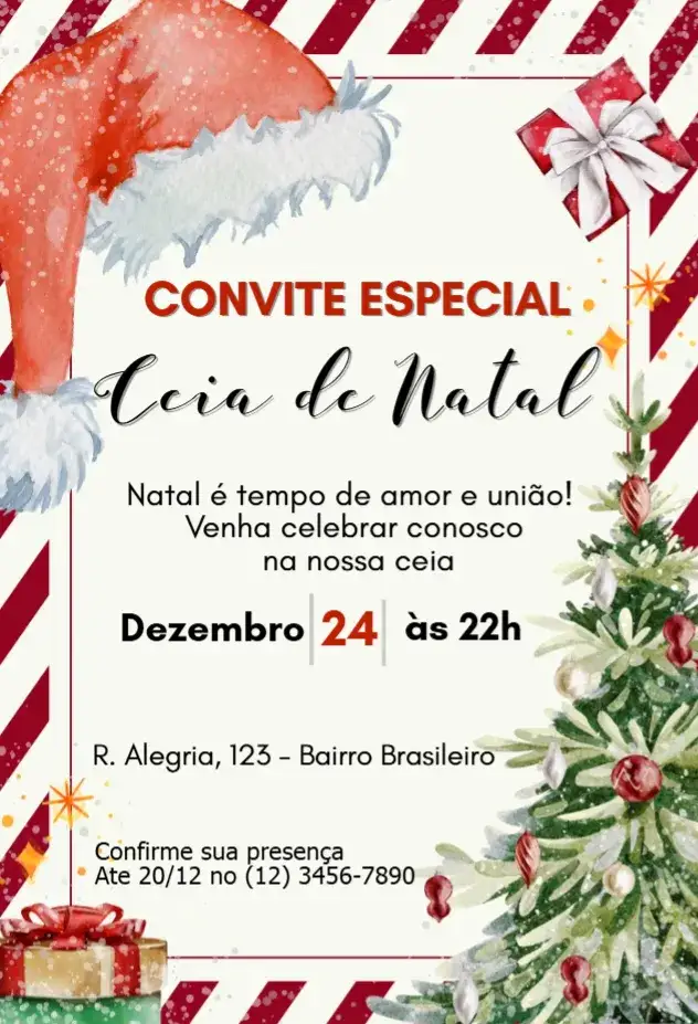 Convite Ceia de Natal – tema Datas Comemorativas dourado, vermelho, verde, rústico, minimalista