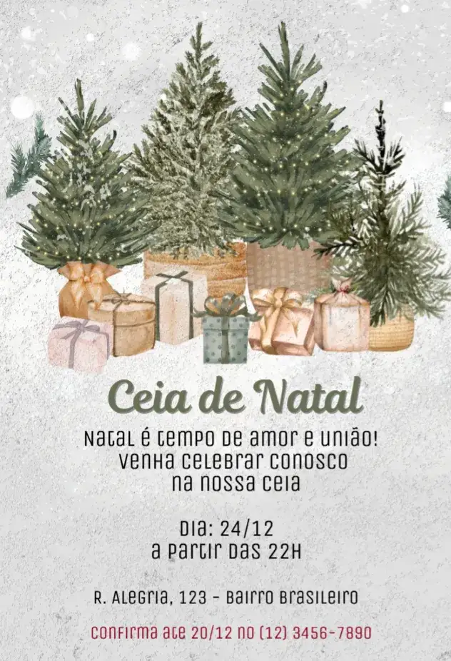 Convite Ceia de Natal – tema Datas Comemorativas vermelho e dourado, minimalista, vintage, rústico, moderno, floral