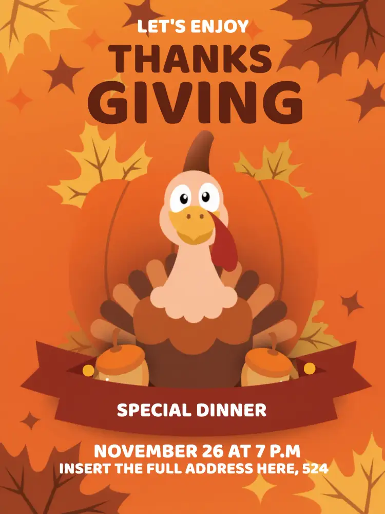 Convite Thanksgiving Orange – tema Datas Comemorativas cores quentes, design festivo, elementos gráficos de outono, minimalista, vintage, moderno