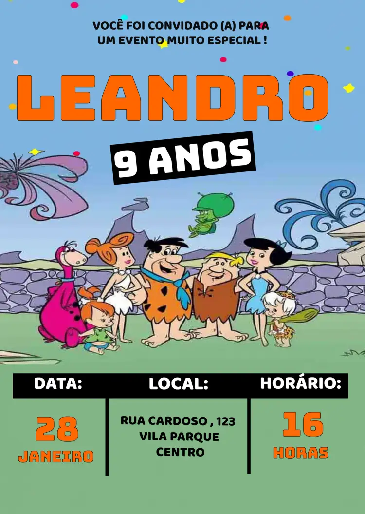 Convite The Flintstones Bam – tema Aniversário Infantil colorido, divertido, vintage, temático, animado, pré-histórico