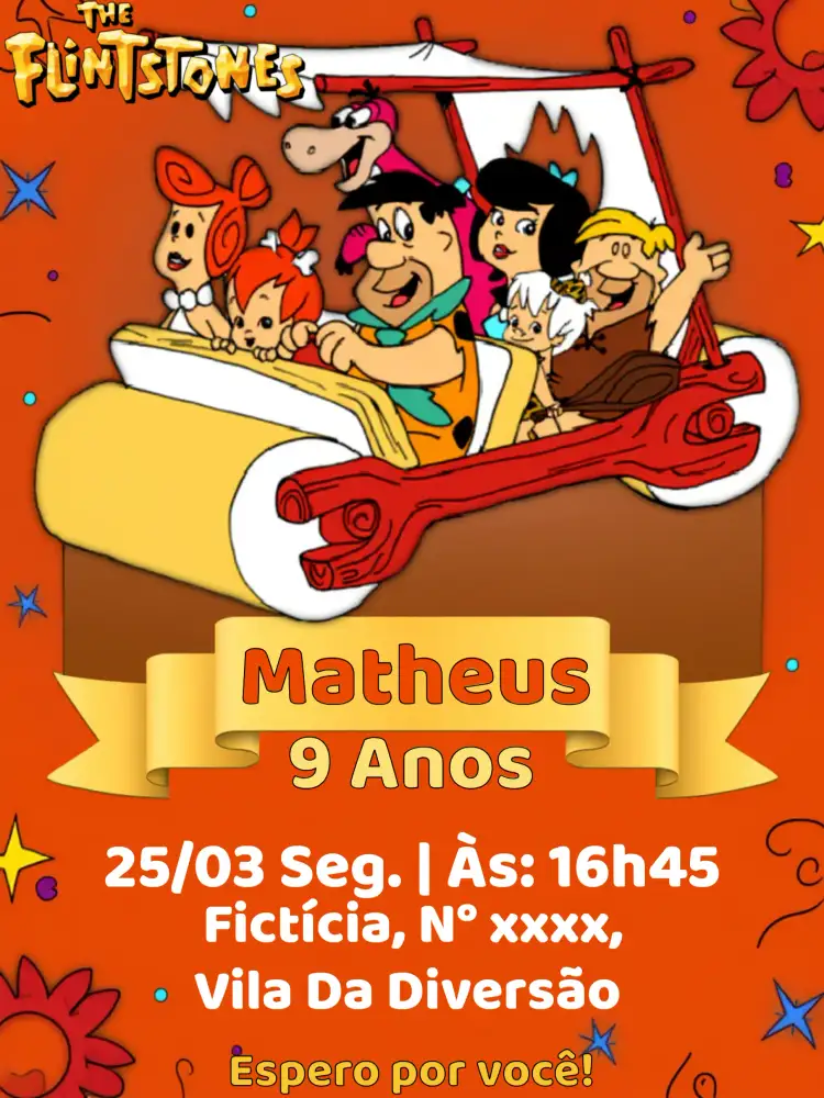 Convite The Flintstones Pedrita – tema Aniversário Infantil colorido, vintage, temático, divertido, pré-histórico