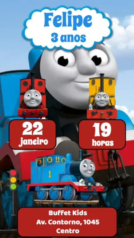 Convite Thomas e seus Amigos – tema Aniversário Infantil colorido, divertido, infantil, temático, alegre
