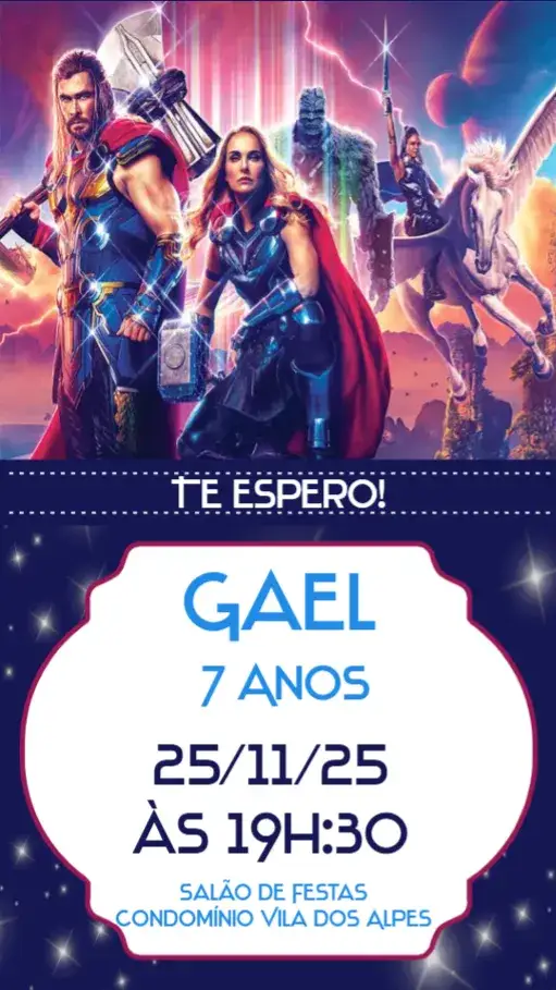 Convite Thor Amor e trovão – tema Aniversário Infantil cores vibrantes, estilo épico, elementos gráficos de super-heróis, divertido, moderno