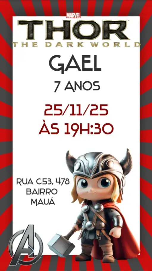 Convite Thor Baby – tema Aniversário Infantil temática de super-heróis, cores vibrantes, elementos gráficos de quadrinhos, estilo divertido, design moderno, ilustrações cativantes