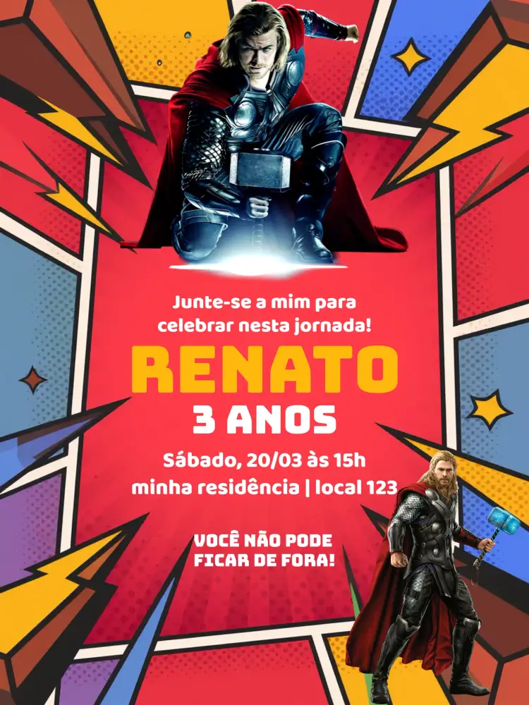Convite Thor Vingador Festa – tema Mais pesquisados vibrante, super-heróis, colorido, fantasia, aventura, moderno