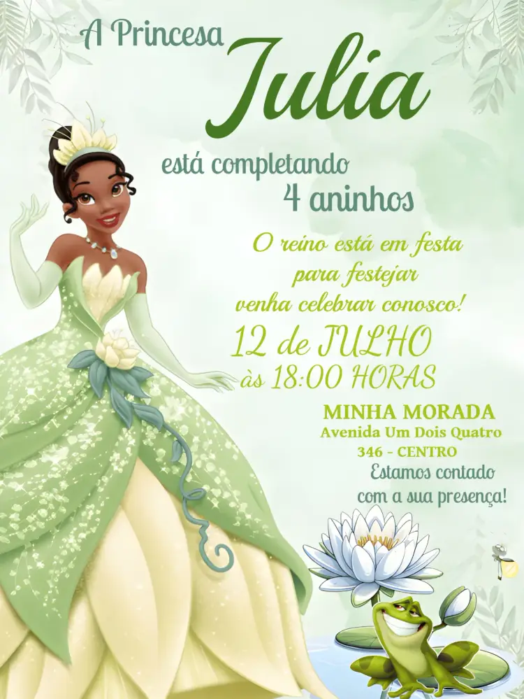 Convite Tiana A Princesa E O Sapo Diana
