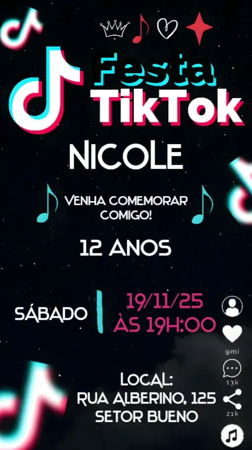 Convite Tik Tok – tema Aniversário colorido, moderno, divertido, dinâmico, jovem, inspirado em redes sociais