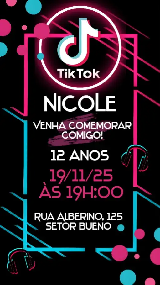 Convite Tik Tok – tema Aniversário colorido, moderno, jovem, divertido, temático