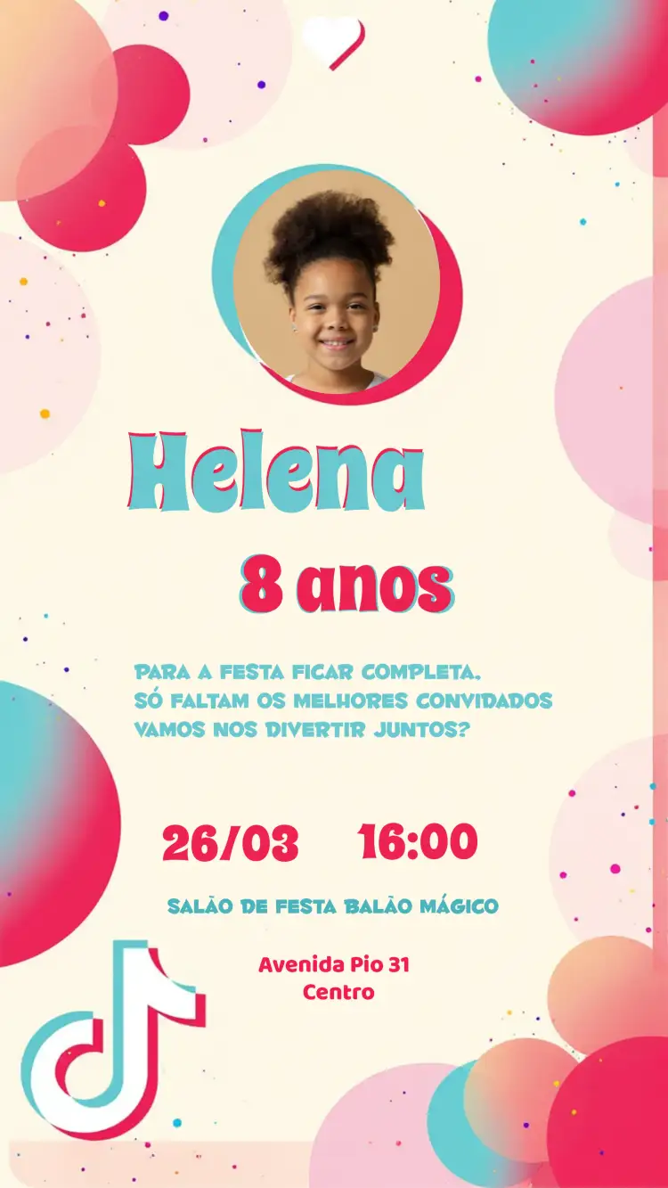 Convite Tik Tok Com Foto Rosa – tema Datas Comemorativas moderno, colorido, divertido, jovem, estilo Tik Tok