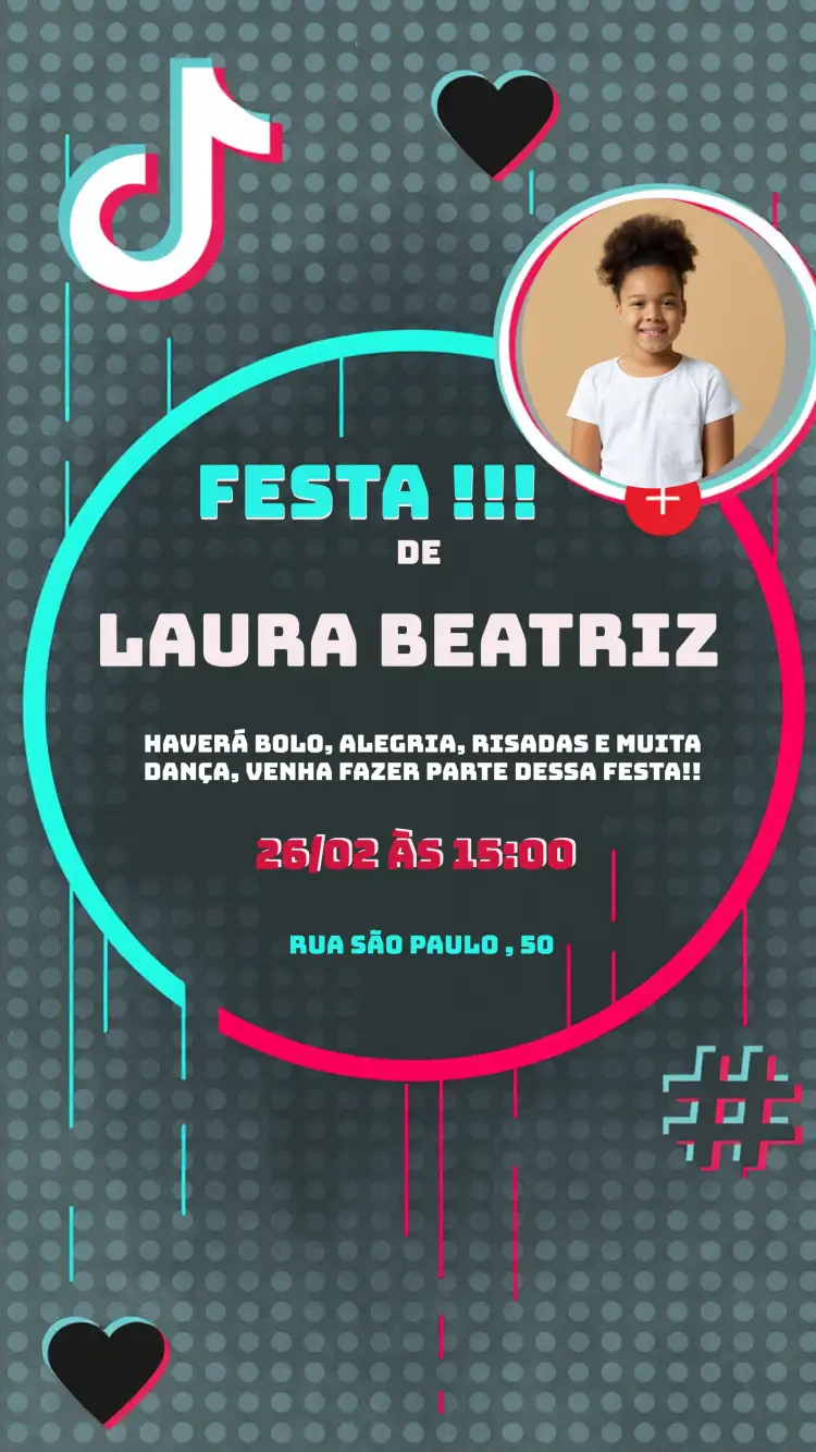 Convite Tik Tok Com Foto Uma – tema Datas Comemorativas moderno, colorido, jovem, descontraído, divertido