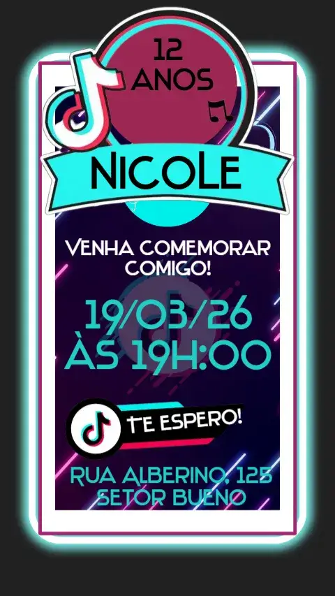 Convite TikTok – tema Aniversário moderno, colorido, jovem, divertido, interativo, digital