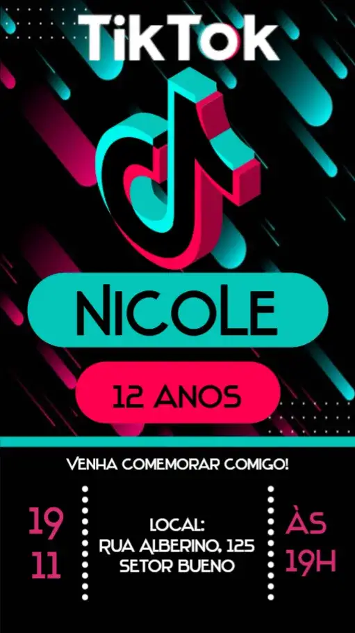 Convite TikTok – tema Aniversário colorido, divertido, moderno, jovem, dinâmico
