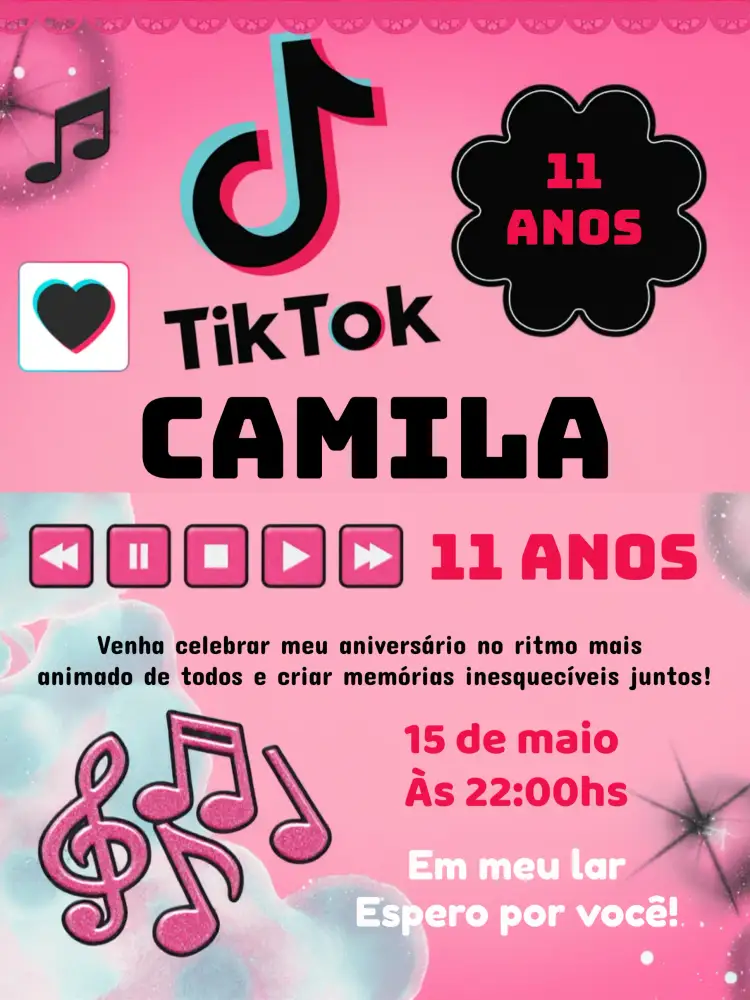 Convite Tiktok Canva – tema Batizado TikTok, Música, Redes Sociais