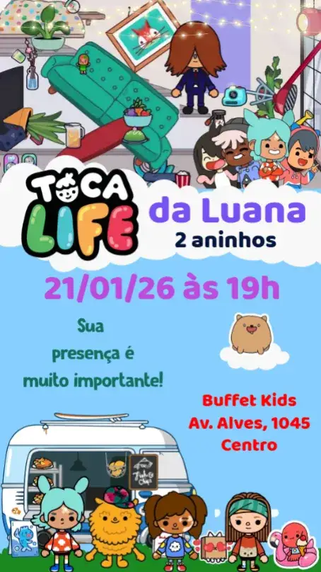 Convite Toca Life – tema Aniversário Infantil colorido, divertido, lúdico, moderno, ilustrações infantis