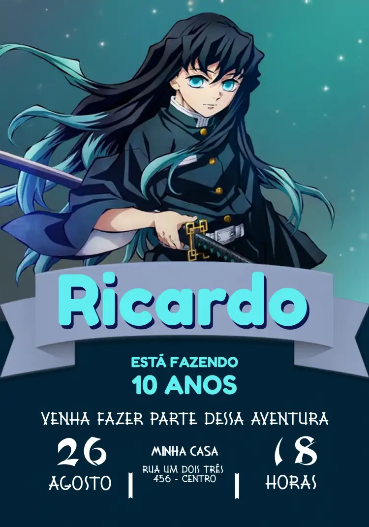 Convite Tokito Muichiro Demon Slayer Manga – tema Mais pesquisados colorido, anime, moderno, jovem, divertido