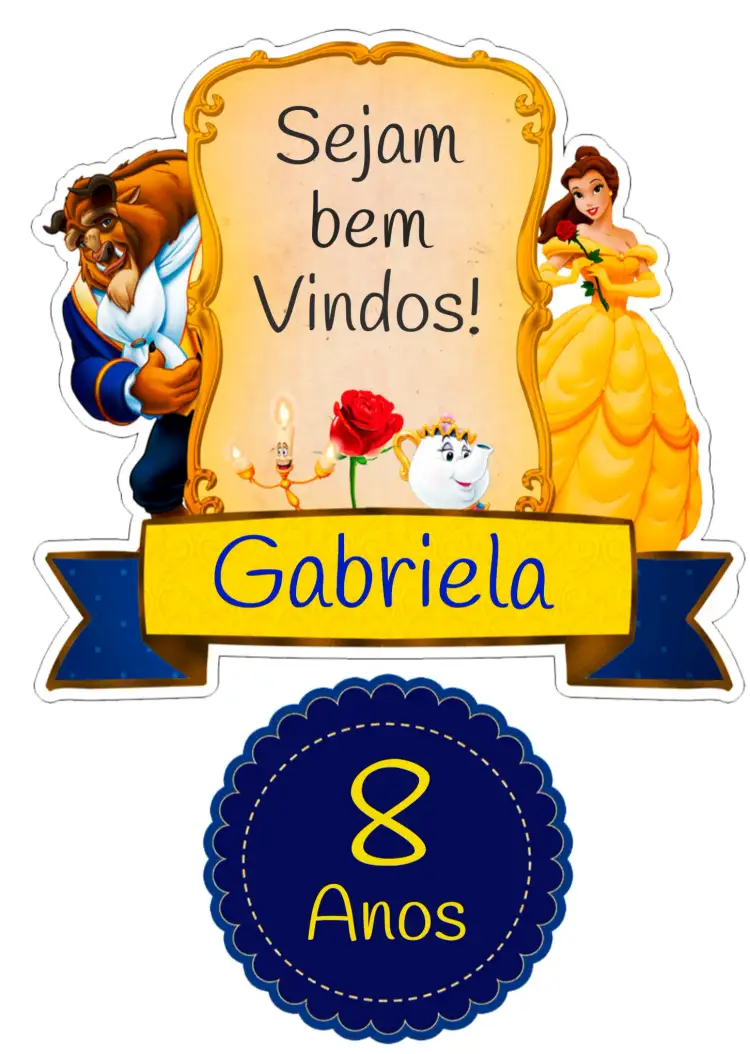 Convite Topo De Bolo A Bela E Fera Colorido – tema Batizado colorido, infantil, fadas, ilustrações, fantasia, contos de fadas