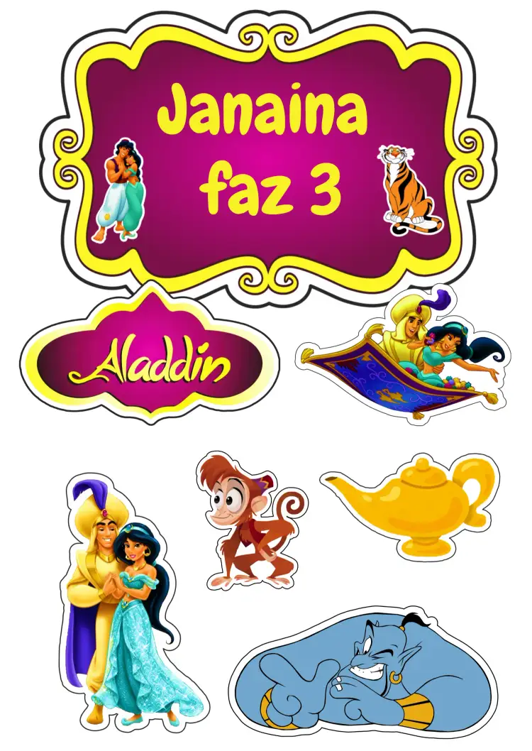 Convite Topo De Bolo Aladdin – tema Topo de bolo cores vibrantes, estilo lúdico, elementos mágicos, inspirado na Disney, design infantil, ilustrações encantadoras