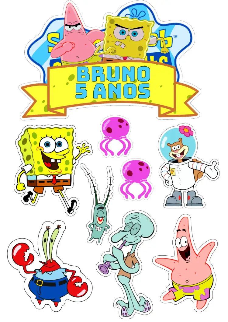 Convite Topo De Bolo Bob Esponja Sandy – tema Mais pesquisados colorido, divertido, infantil, marinho, desenho animado, tropical