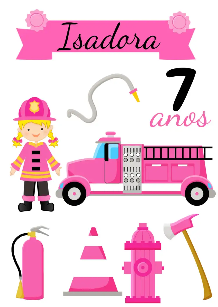 Convite Topo De Bolo Bombeira Menina Topper – tema Topo de bolo rosa, aventura, infantil, divertido, temática, brincalhão