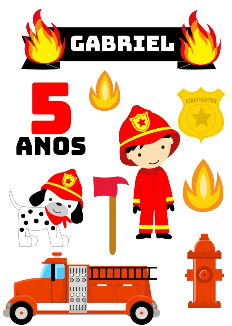 Convite Topo De Bolo Bombeiro Chamas – tema Topo de bolo vibrante, divertido, temático, colorido, infantil