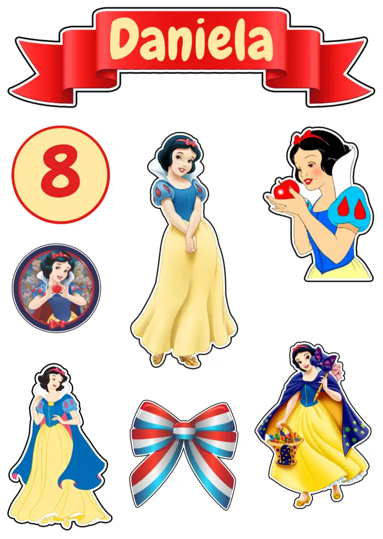 Convite Topo De Bolo Branca Neve Laço – tema Topo de bolo cores vibrantes, estilo infantil, elementos de fantasia, decoração temática, design alegre, inspirado em contos de fadas