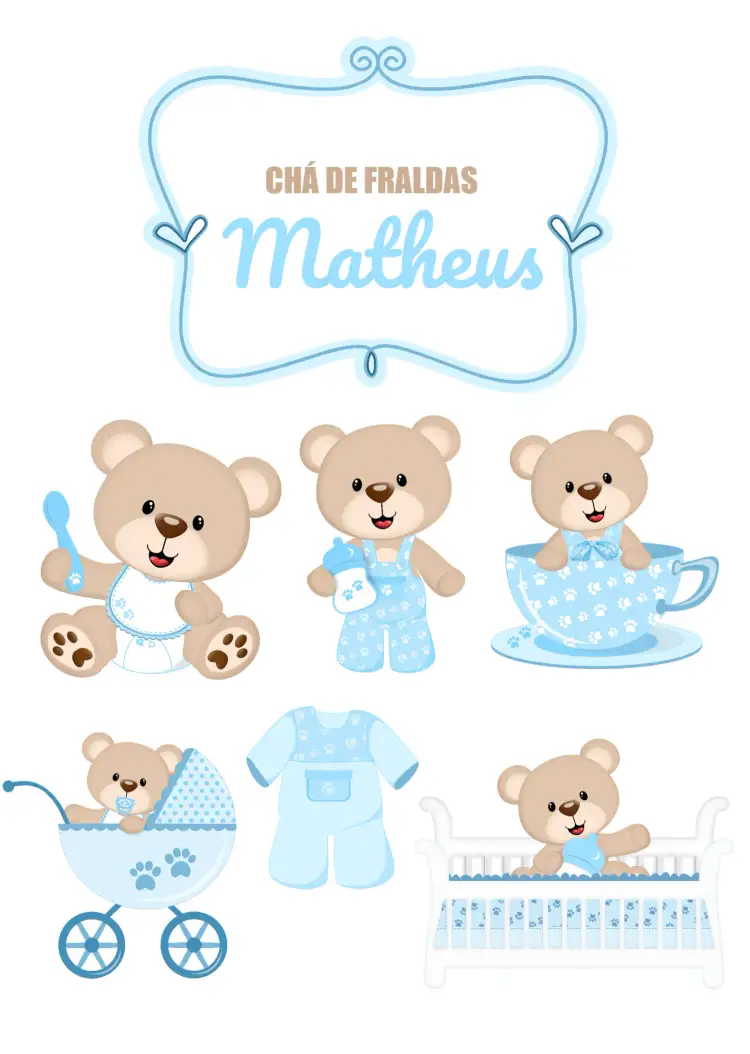 Convite Topo De Bolo Chá Fraldas Ursinho Azul – tema Chá de Fraldas ursinho, azul, infantil, colorido, lúdico, delicado