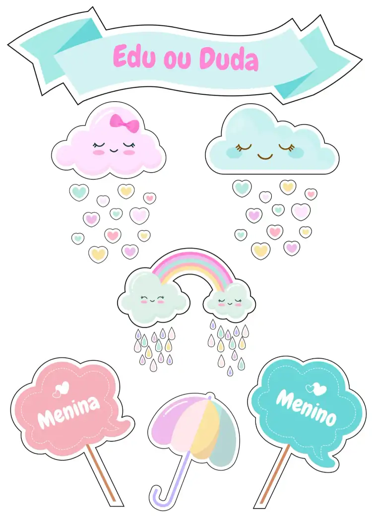 Topo De Bolo Chá Revelação Chuva Amor Colorido
