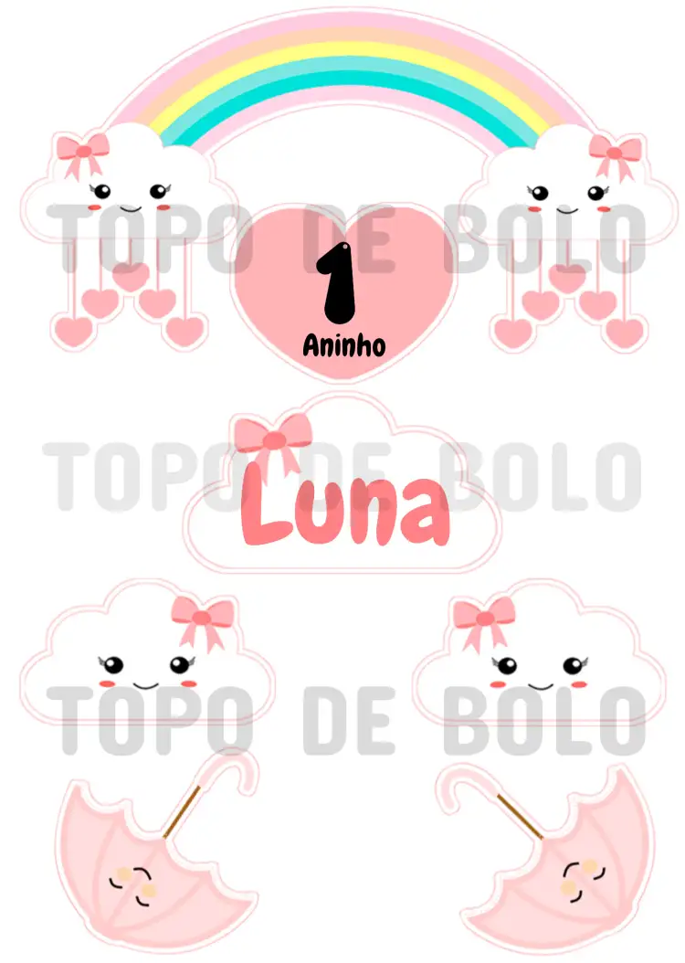Convite Topo De Bolo Chuva Amor Rosa – tema Topo de bolo rosa, branco, nuvens, arco-íris, amor, infantil