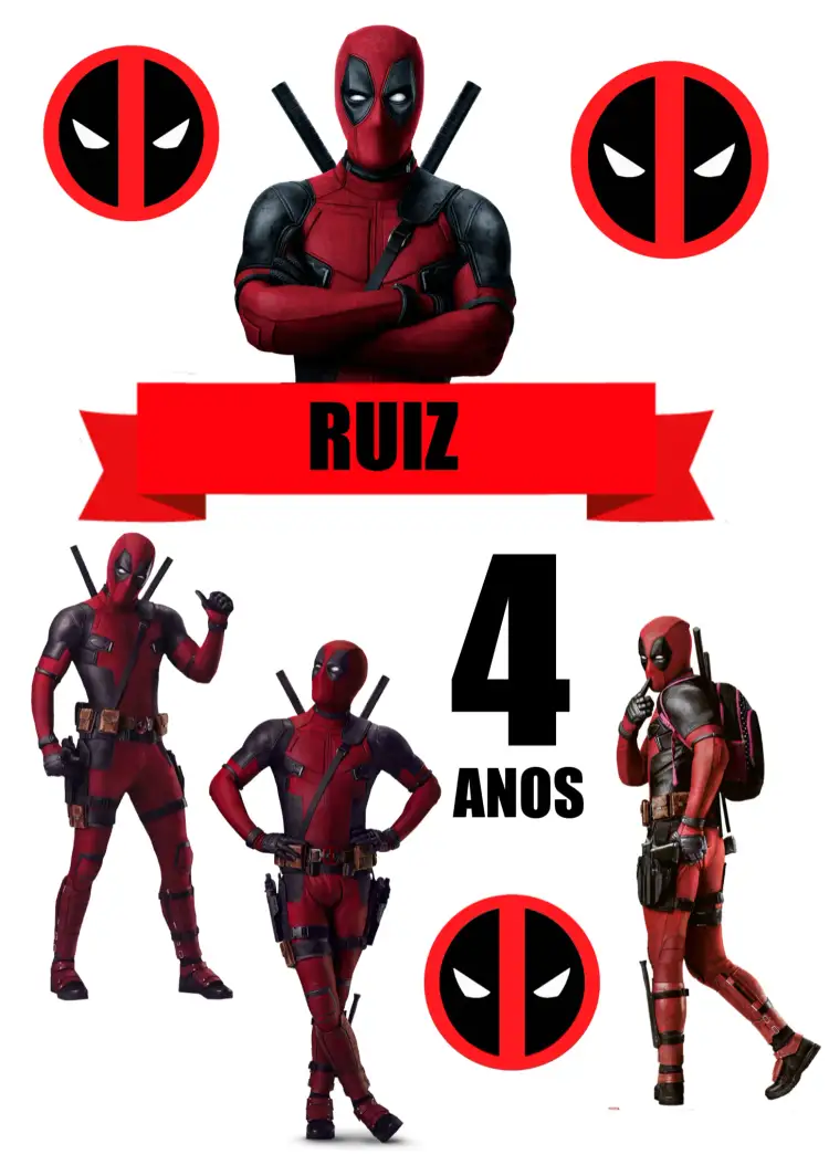 Convite Topo De Bolo Deadpool Topper – tema Topo de bolo divertido, colorido, moderno, temático, jovial