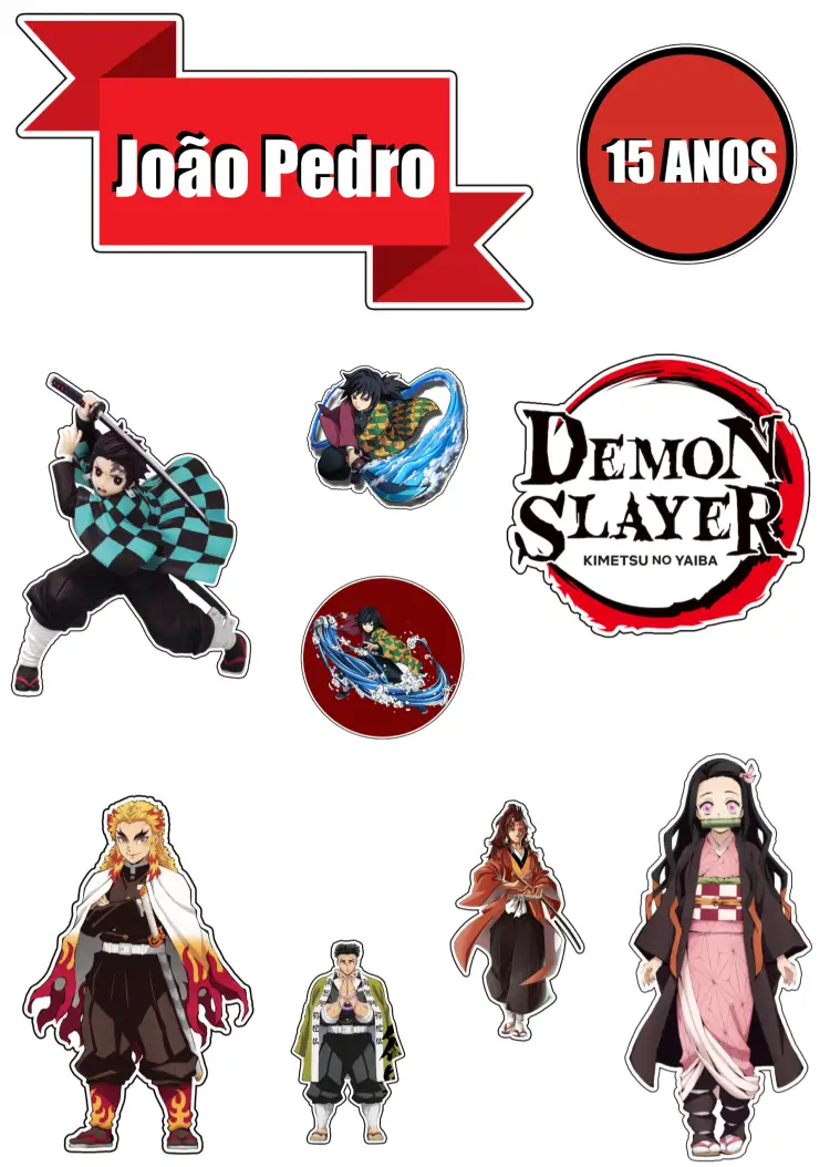 Convite Topo De Bolo Demon Slayer Samurai – tema Topo de bolo vermelho e preto, anime, aventura, moderno, temático