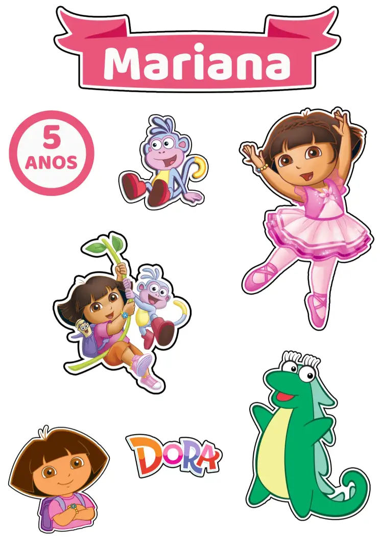 Convite Topo De Bolo Dora Aventureira Rosa – tema Topo de bolo cores vibrantes, estilo infantil, elementos gráficos divertidos, tema rosa, ilustrações de personagens, decoração alegre