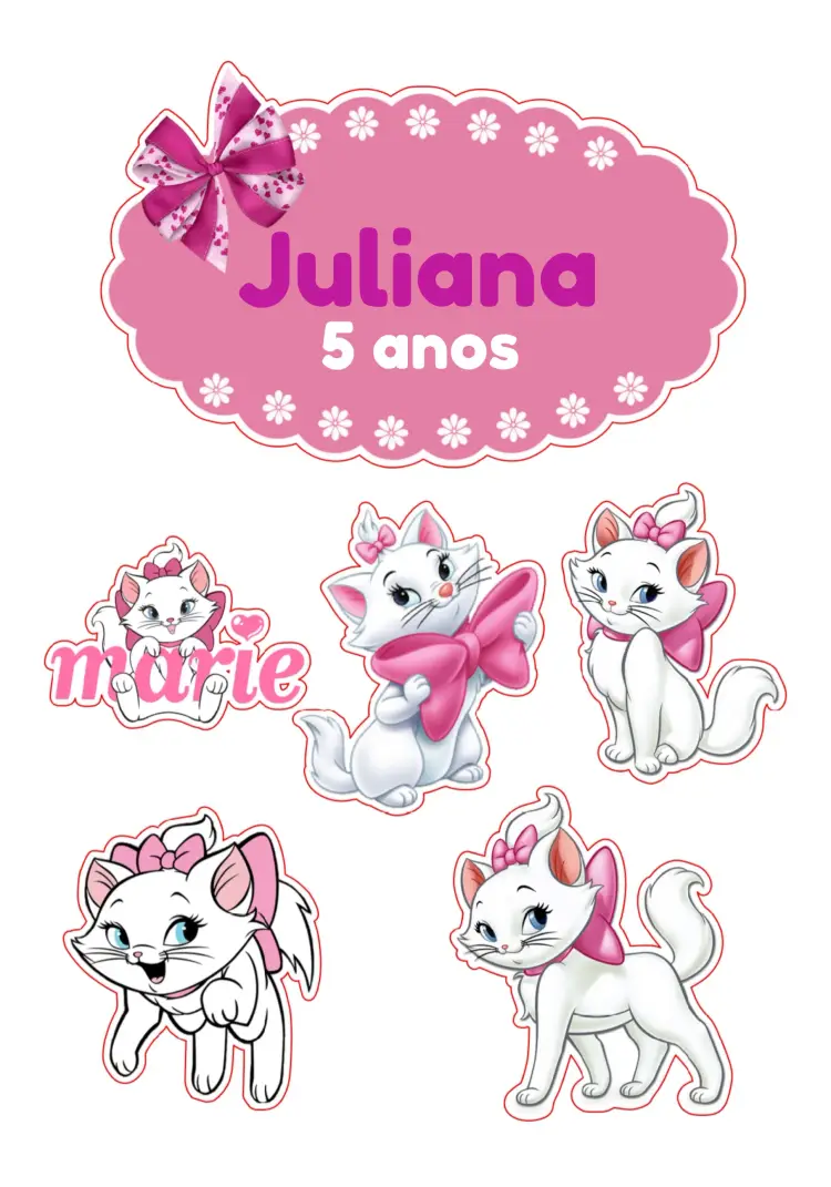 Convite Topo De Bolo Gatinha Marie Rosa