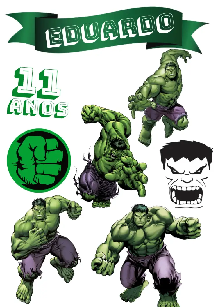 Convite Topo De Bolo Hulk Vingadore – tema Topo de bolo verde, super-heróis, aventura, colorido, divertido, infantil