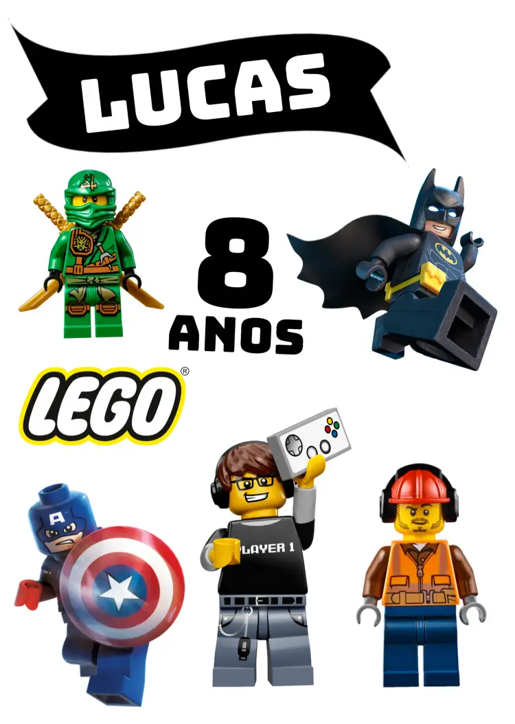 Convite Topo De Bolo Lego Games – tema Topo de bolo colorido, divertido, moderno, gamer, inspirado em Lego, temático
