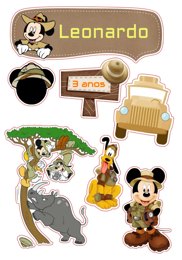 Convite Topo De Bolo Mickey Safari Marrom