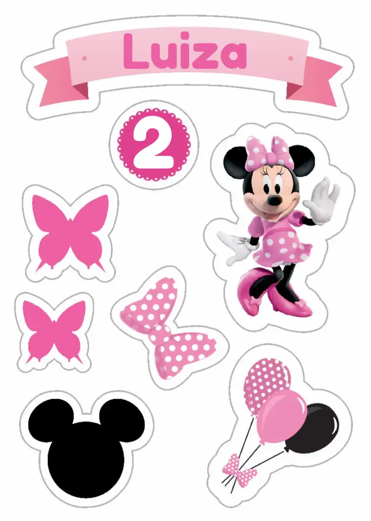 Convite Topo De Bolo Minnie Mouse Balões – tema Topo de bolo rosa, branco, preto, infantil, divertido, temático