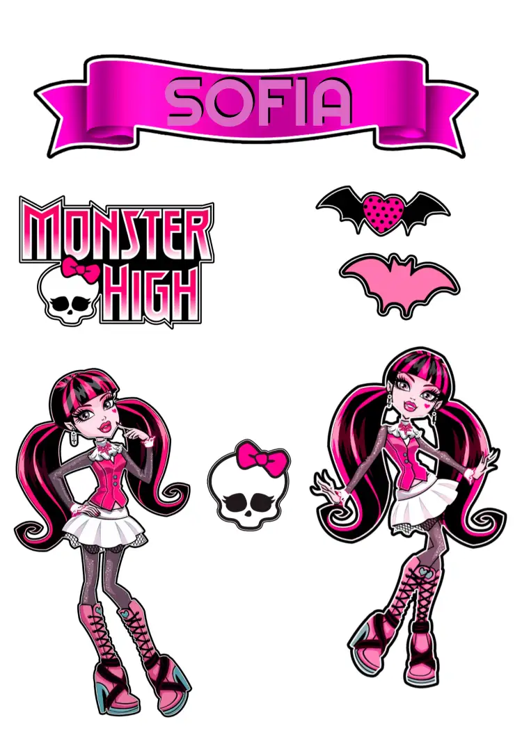 Convite Topo De Bolo Monster High Imprimir – tema Topo de bolo roxo e preto, temática de monstros, caveiras, estilo gótico, festas infantis, personagens de desenho