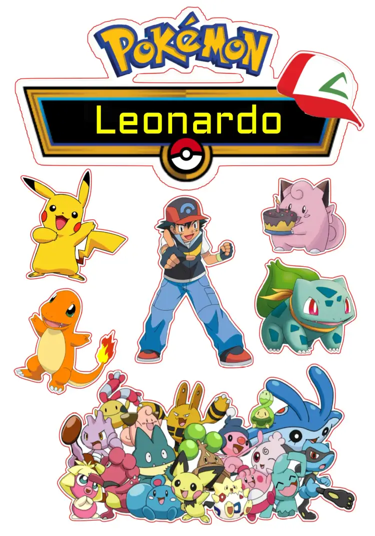 Convite Topo De Bolo Pokemon Colorido – tema Topo de bolo colorido, divertido, temático, jovial, ilustrações de Pokémon, vibrante