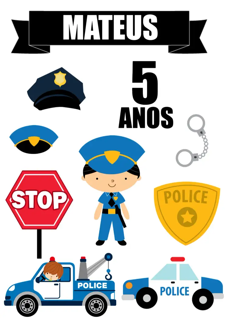 Convite Topo De Bolo Policial Profissões – tema Topo de bolo colorido, divertido, moderno, temático, gráfico