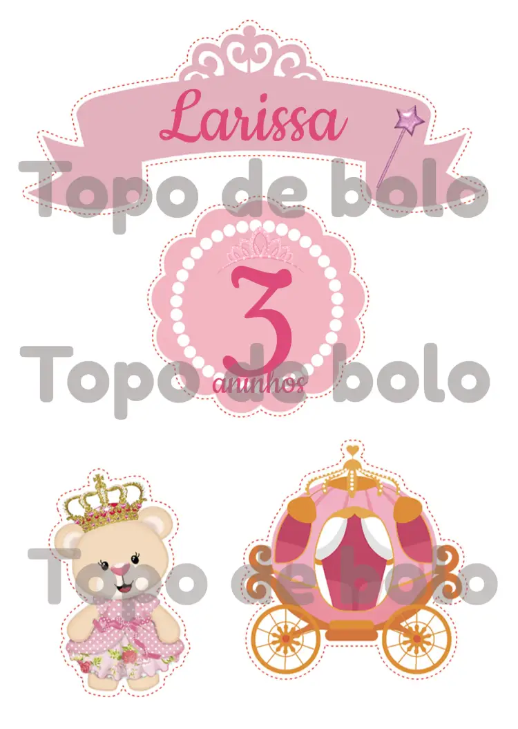 Convite Topo De Bolo Ursinha Princesa Carruagem – tema Topo de bolo rosa, branco, realeza, infantil, lúdico