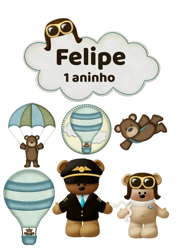 Convite Topo De Bolo Ursinho Aviador Topper – tema Topo de bolo infantil, lúdico, aéreos, brincalhão, colorido, divertido