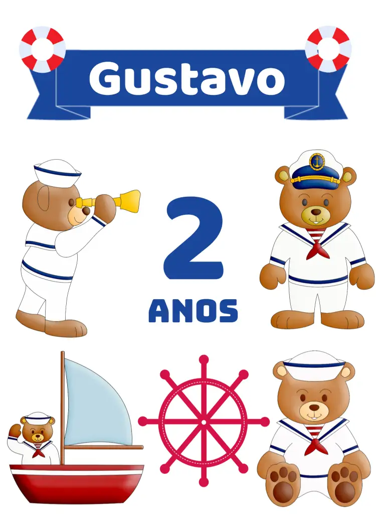 Convite Topo De Bolo Ursinho Marinheiro Topper – tema Topo de bolo náutico, infantil, colorido, divertido, marinho, amigável